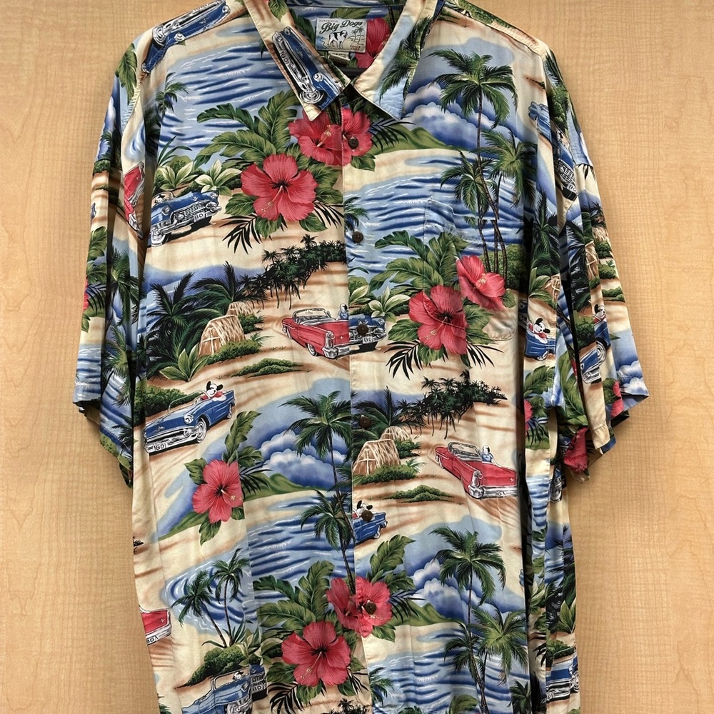Retro Authentic Big Dogs Mens 5XL 100% Rayon Short Sleeve Car Hawaiian Shirt